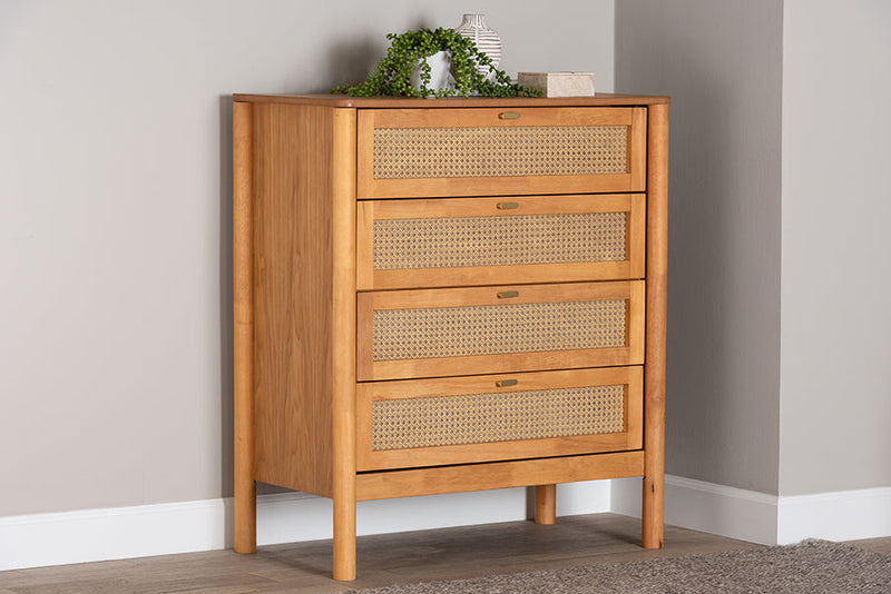 Kaori Golden Brown Wood Japandi 4-Drawer Chest w/Distressed-Finished Rattan Baxton