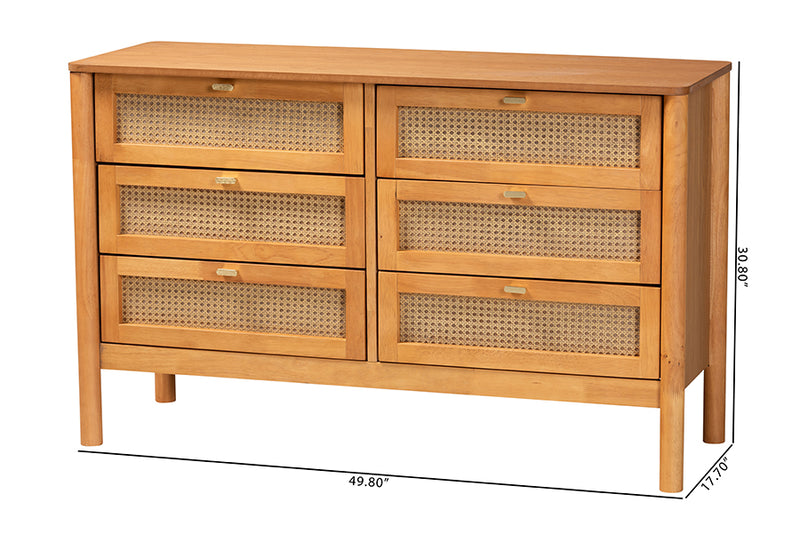 Kaori Golden Brown Wood Japandi 6-Drawer Dresser w/Distressed-Finished Rattan