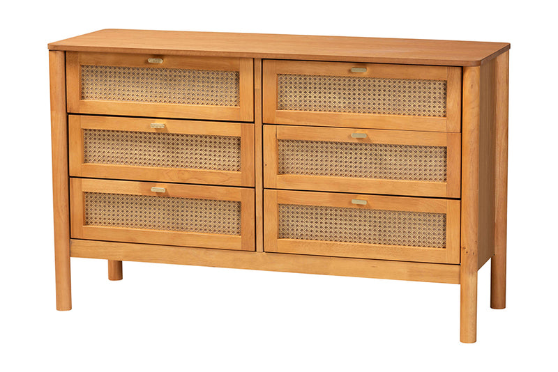 Kaori Golden Brown Wood Japandi 6-Drawer Dresser w/Distressed-Finished Rattan