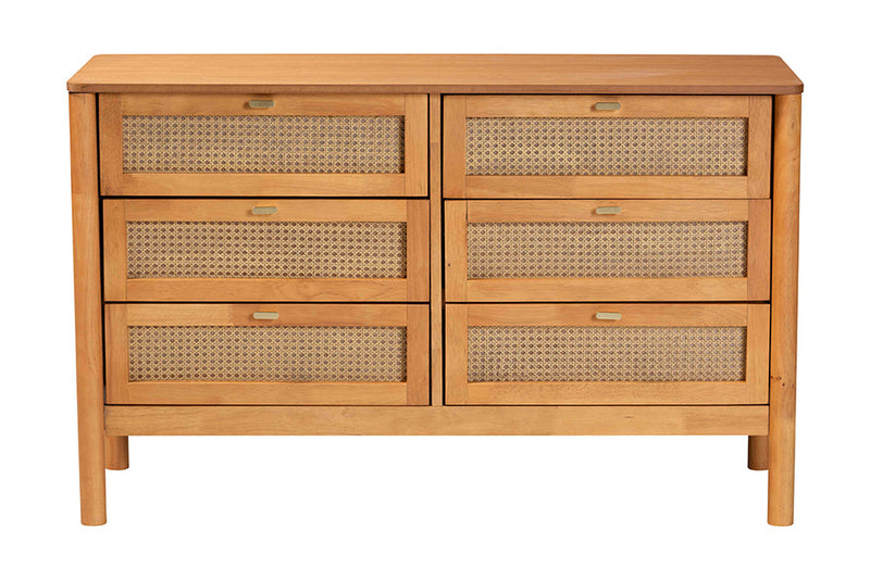 Kaori Golden Brown Wood Japandi 6-Drawer Dresser w/Distressed-Finished Rattan Baxton