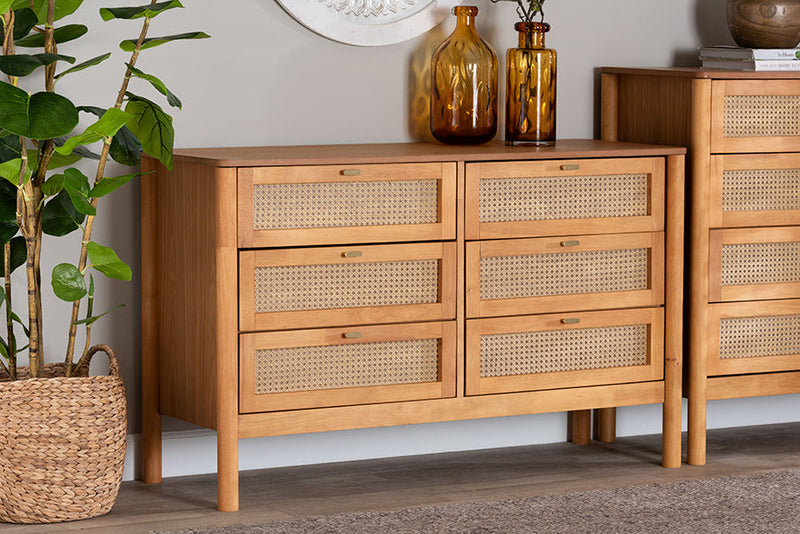 Kaori Golden Brown Wood Japandi 6-Drawer Dresser w/Distressed-Finished Rattan Baxton