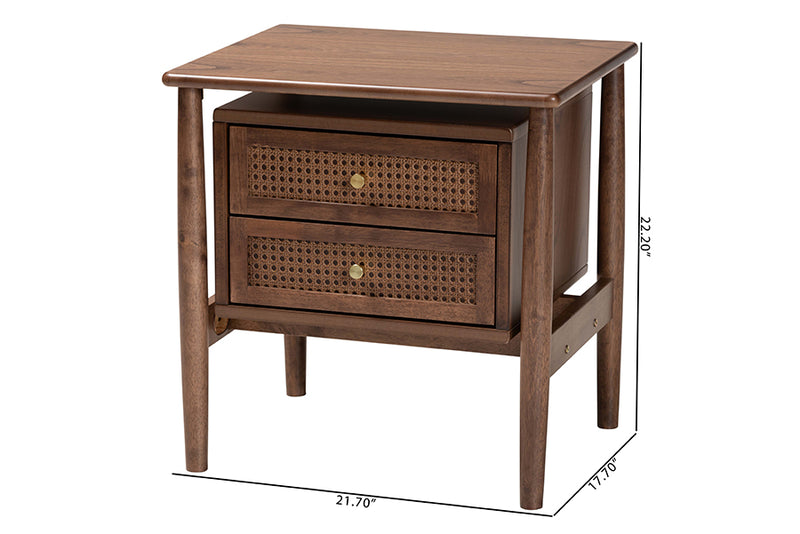 Jessen Japandi Walnut Brown Wood 2-Drawer Nightstand Woven w/Rattan