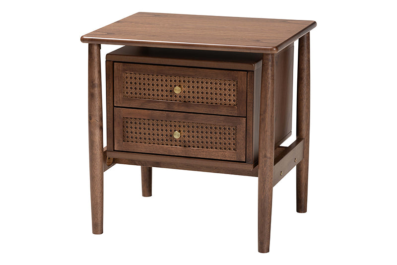 Jessen Japandi Walnut Brown Wood 2-Drawer Nightstand Woven w/Rattan