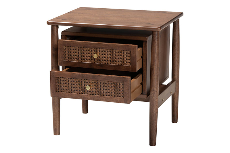 Jessen Japandi Walnut Brown Wood 2-Drawer Nightstand Woven w/Rattan