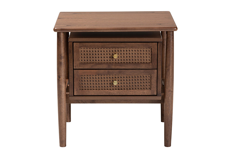 Jessen Japandi Walnut Brown Wood 2-Drawer Nightstand Woven w/Rattan