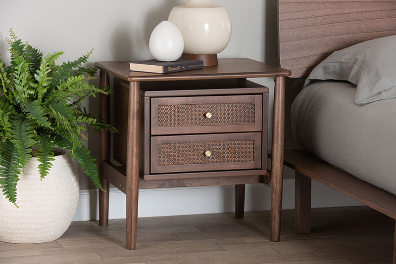 Jessen Japandi Walnut Brown Wood 2-Drawer Nightstand Woven w/Rattan