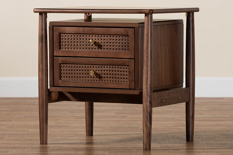 Jessen Japandi Walnut Brown Wood 2-Drawer Nightstand Woven w/Rattan