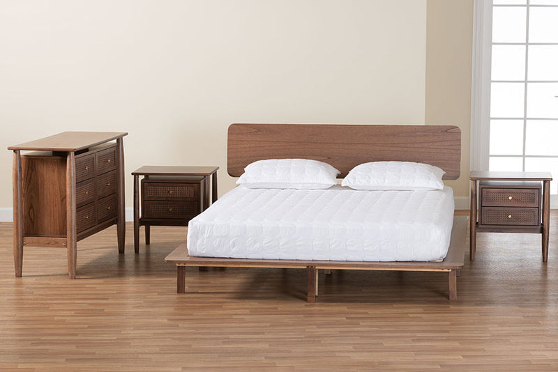Jessen Japandi Walnut Brown Wood King Size 4Pc Bedroom Set Baxton