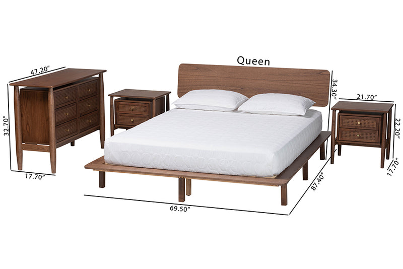 Jessen Japandi Walnut Brown Wood Queen Size 4-Piece Bedroom Set