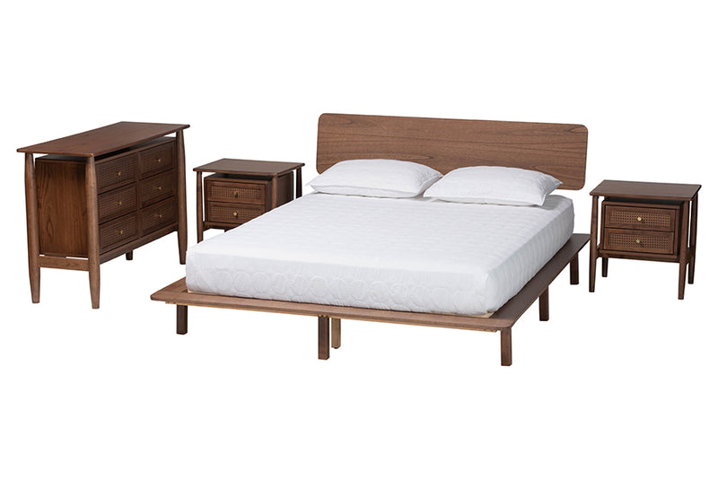 Jessen Japandi Walnut Brown Wood Queen Size 4-Piece Bedroom Set