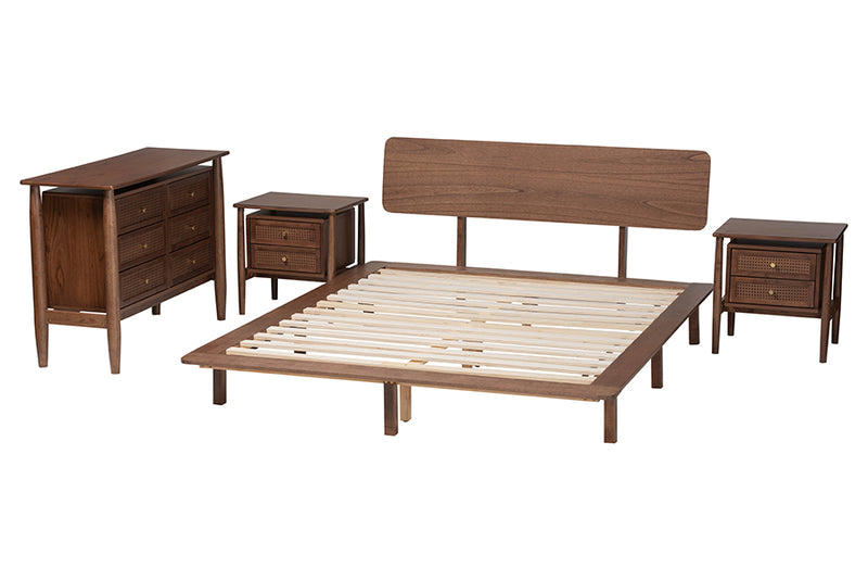 Jessen Japandi Walnut Brown Wood Queen Size 4-Piece Bedroom Set