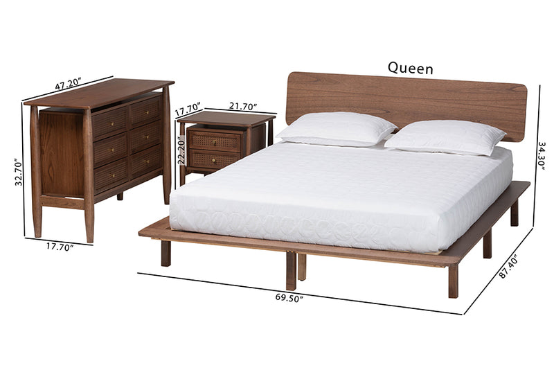 Jessen Japandi Walnut Brown Wood Queen Size 3-Piece Bedroom Set