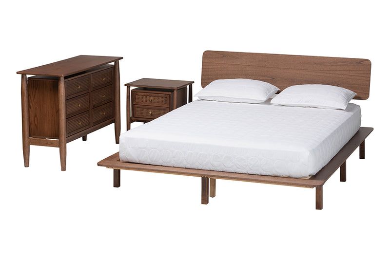 Jessen Japandi Walnut Brown Wood Queen Size 3-Piece Bedroom Set