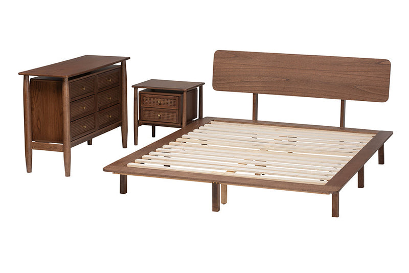 Jessen Japandi Walnut Brown Wood King Size 3-Piece Bedroom Set Baxton