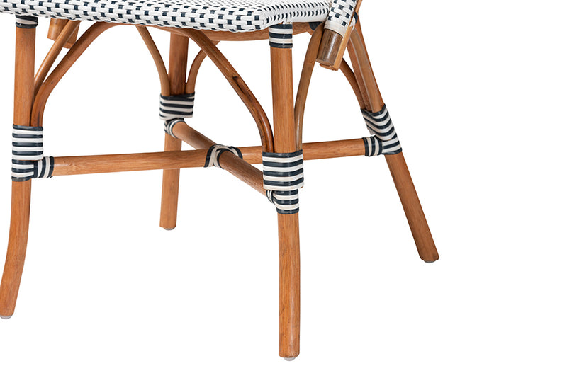 Barnes Classic French Two-Tone Navy and White Weaving and Natural Rattan Bistro Chair