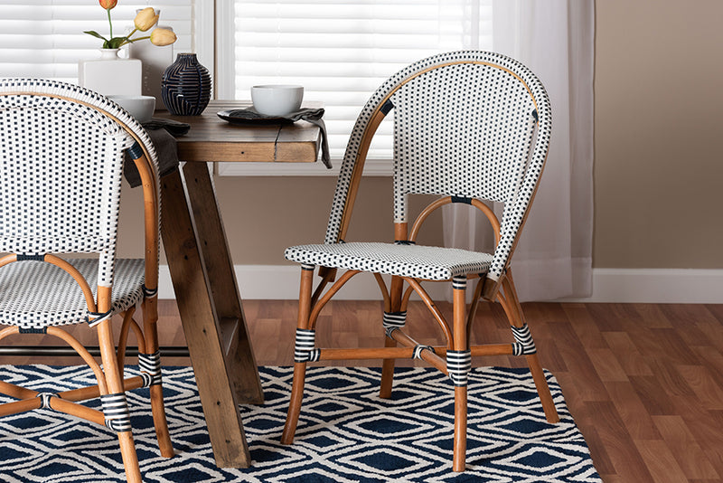 Barnes Classic French Two-Tone Navy and White Weaving and Natural Rattan Bistro Chair