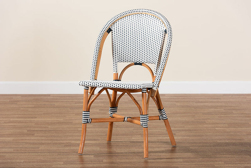 Barnes Two-Tone Navy and White Weaving and Natural Rattan Bistro Chair Baxton