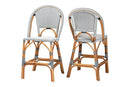 Barnes Two-Tone Navy and White Weaving and Natural Rattan 2Pc Counter Stool Set Baxton