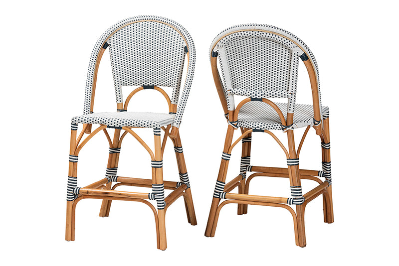 Barnes Classic French Two-Tone Navy and White Weaving and Natural Rattan 2-Piece Counter Stool Set