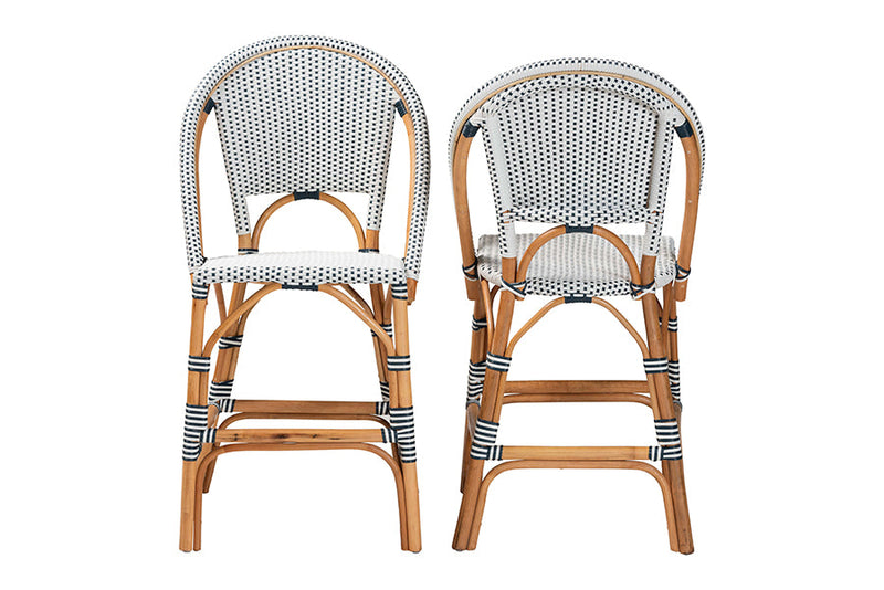 Barnes Two-Tone Navy and White Weaving and Natural Rattan 2Pc Counter Stool Set Baxton