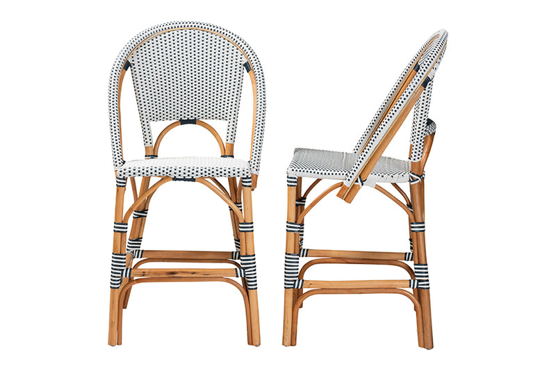 Barnes Classic French Two-Tone Navy and White Weaving and Natural Rattan 2-Piece Counter Stool Set