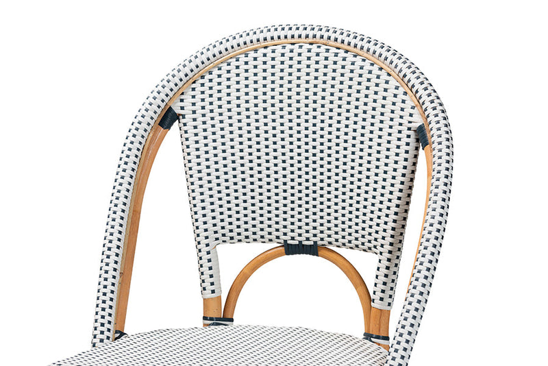 Barnes Two-Tone Navy and White Weaving and Natural Rattan 2Pc Counter Stool Set Baxton