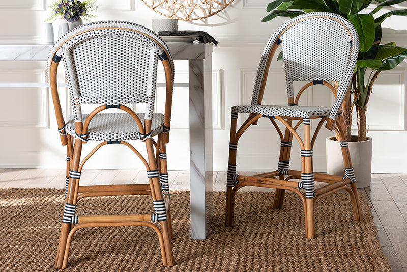 Barnes Classic French Two-Tone Navy and White Weaving and Natural Rattan 2-Piece Counter Stool Set