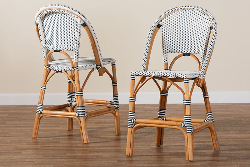 Barnes Two-Tone Navy and White Weaving and Natural Rattan 2Pc Counter Stool Set Baxton