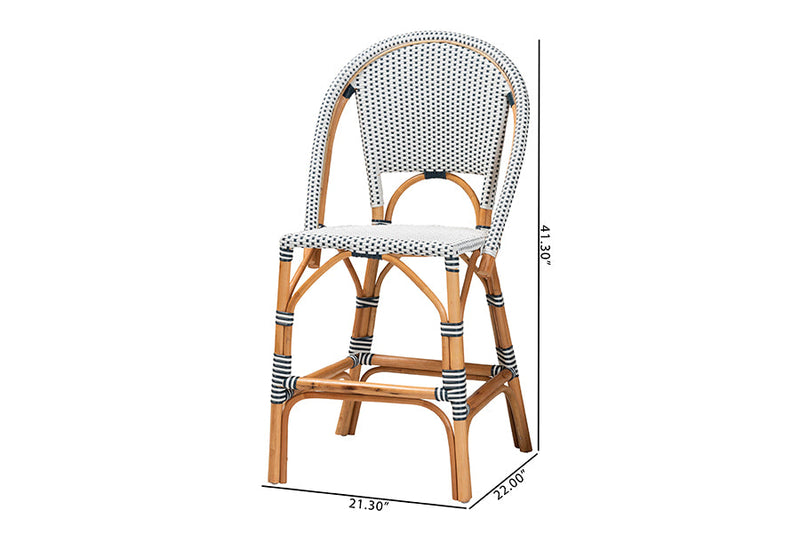 Barnes Two-Tone Navy and White Weaving and Natural Rattan 2Pc Counter Stool Set Baxton
