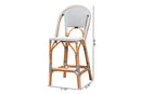 Barnes Two-Tone Navy and White Weaving and Natural Rattan Bar Stool Baxton