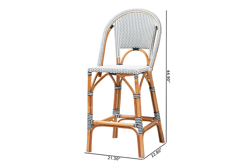 Barnes Classic French Two-Tone Navy and White Weaving and Natural Rattan Bar Stool