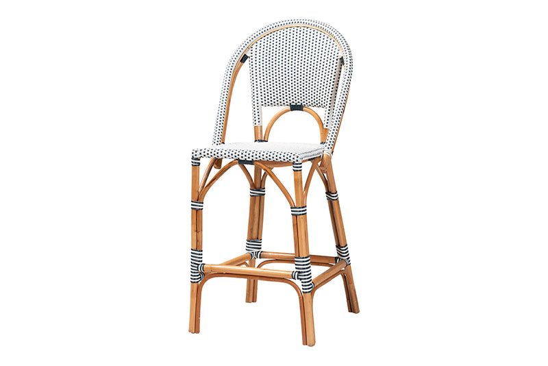 Barnes Classic French Two-Tone Navy and White Weaving and Natural Rattan Bar Stool