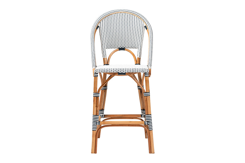 Barnes Classic French Two-Tone Navy and White Weaving and Natural Rattan Bar Stool