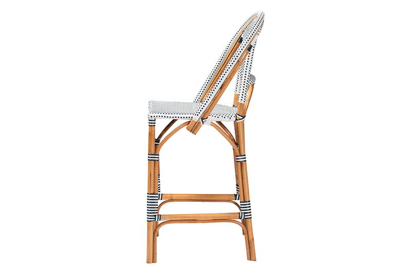 Barnes Classic French Two-Tone Navy and White Weaving and Natural Rattan Bar Stool