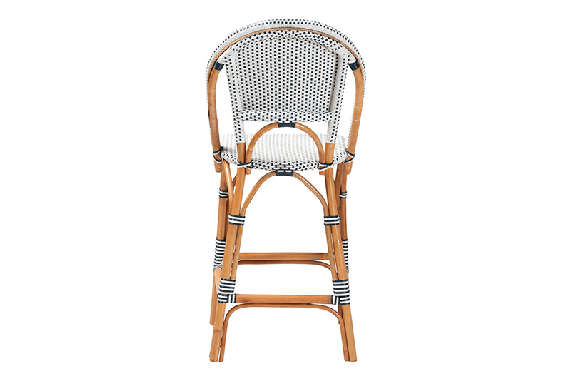 Barnes Classic French Two-Tone Navy and White Weaving and Natural Rattan Bar Stool