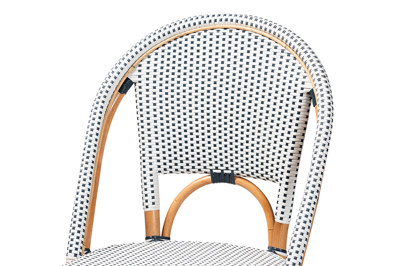 Barnes Classic French Two-Tone Navy and White Weaving and Natural Rattan Bar Stool