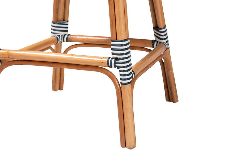 Barnes Classic French Two-Tone Navy and White Weaving and Natural Rattan Bar Stool