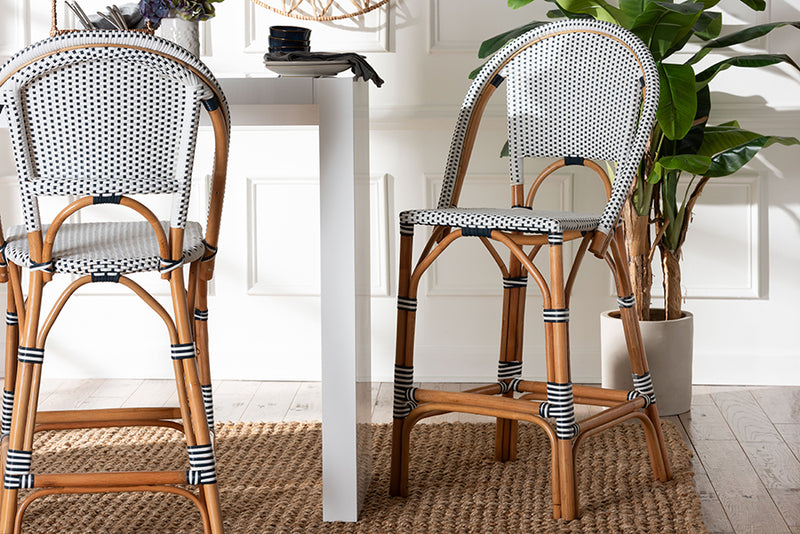 Barnes Classic French Two-Tone Navy and White Weaving and Natural Rattan Bar Stool