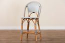 Barnes Two-Tone Navy and White Weaving and Natural Rattan Bar Stool Baxton