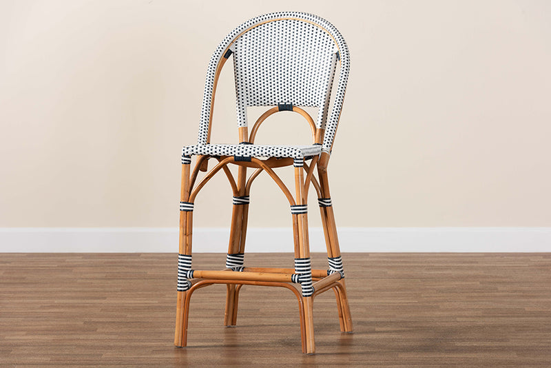 Barnes Classic French Two-Tone Navy and White Weaving and Natural Rattan Bar Stool