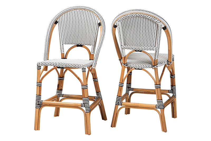 Barnes Classic French Two-Tone Black and White Weaving and Natural Rattan 2-Piece Counter Stool Set