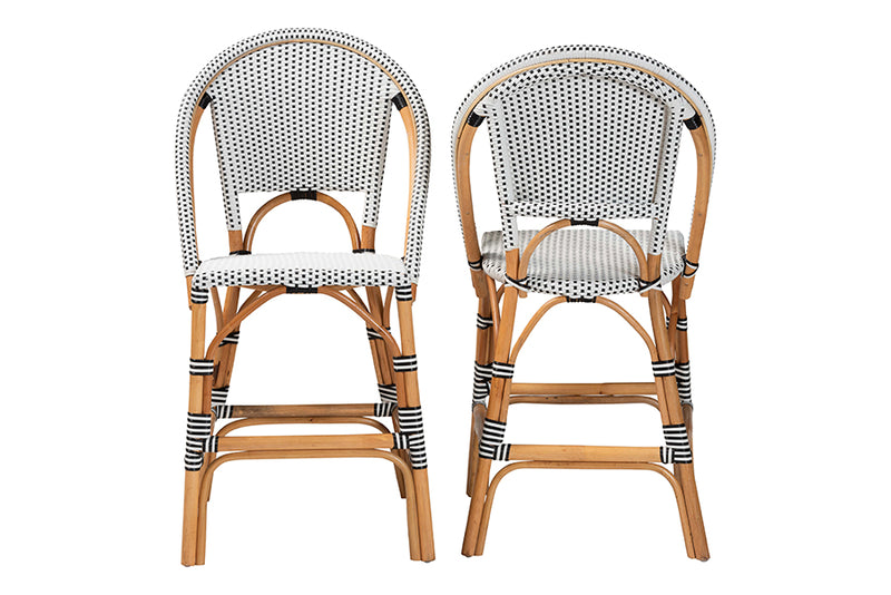 Barnes Classic French Two-Tone Black and White Weaving and Natural Rattan 2-Piece Counter Stool Set