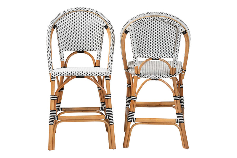 Barnes Two-Tone Black and White Weaving and Natural Rattan 2Pc Counter Stool Set Baxton