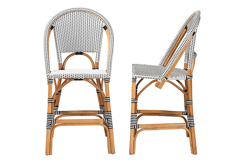 Barnes Two-Tone Black and White Weaving and Natural Rattan 2Pc Counter Stool Set Baxton