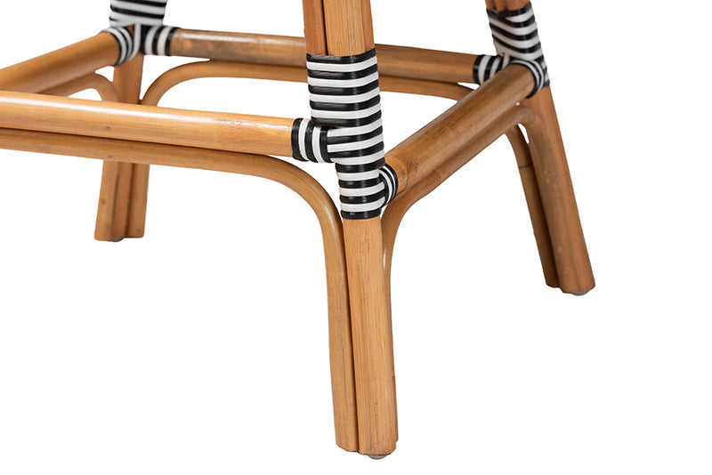 Barnes Classic French Two-Tone Black and White Weaving and Natural Rattan 2-Piece Counter Stool Set