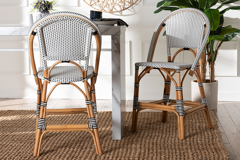 Barnes Classic French Two-Tone Black and White Weaving and Natural Rattan 2-Piece Counter Stool Set