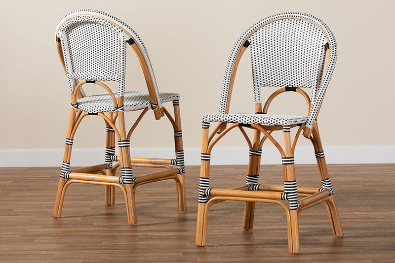 Barnes Two-Tone Black and White Weaving and Natural Rattan 2Pc Counter Stool Set Baxton