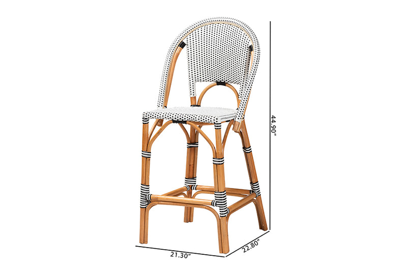 Barnes Classic French Two-Tone Black and White Weaving and Natural Rattan Bar Stool