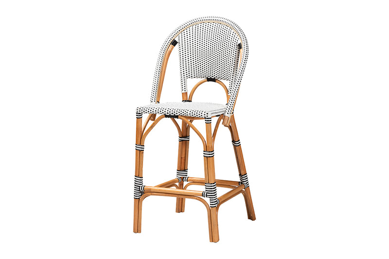 Barnes Classic French Two-Tone Black and White Weaving and Natural Rattan Bar Stool