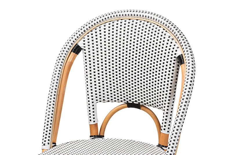 Barnes Classic French Two-Tone Black and White Weaving and Natural Rattan Bar Stool